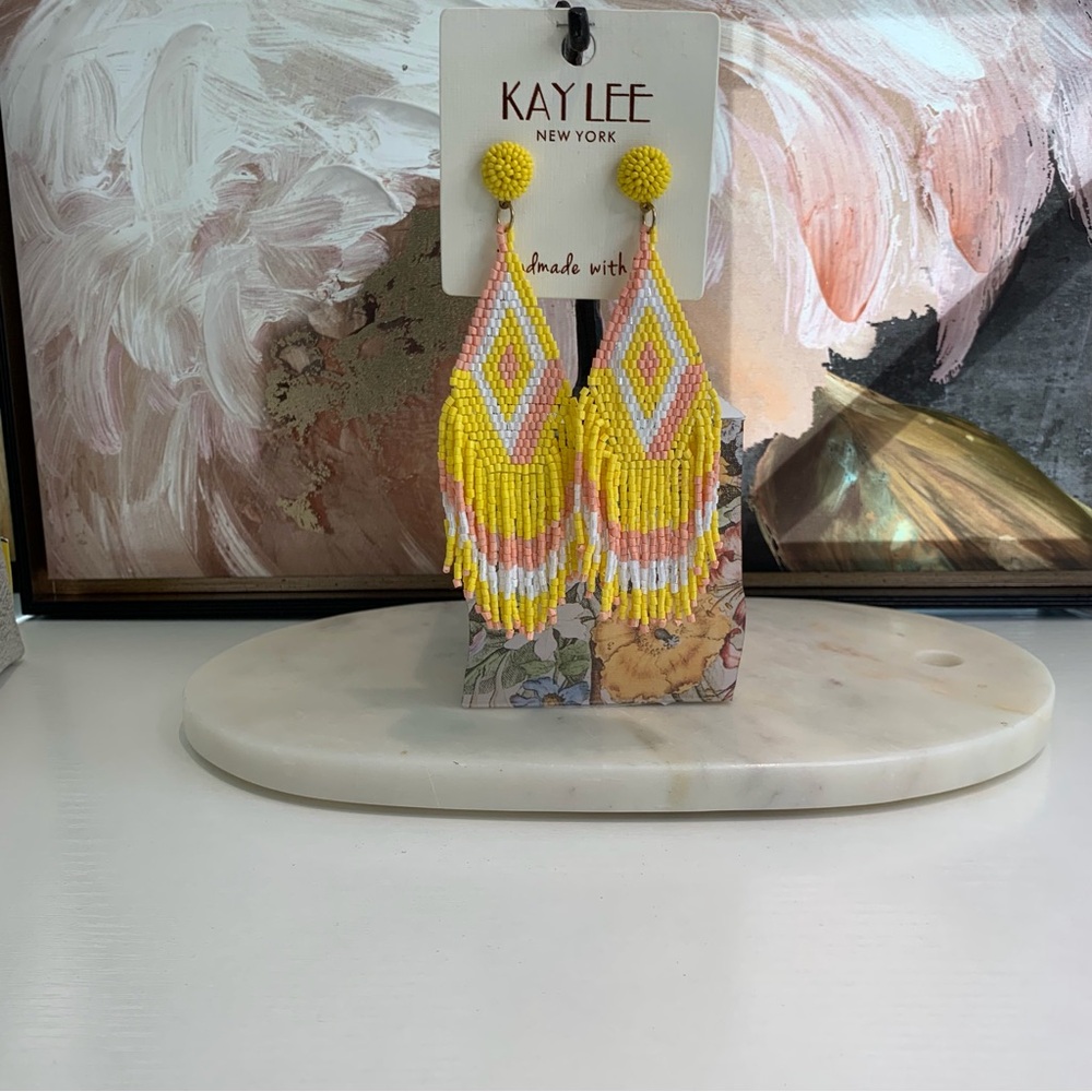 KAY LEE NEW YORK YELLOW PINK SEED BEAD CHANDELIER DROP EARRINGS TUSSLE EARRINGS